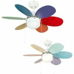 MINISUN 30" White Metal Ceiling Fan + 6 Multi-Coloured Reversible Blades & Frosted Glass Light Shade