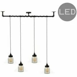 MINISUN Industrial Black 4 Way Bar Wrap Over Ceiling Light + Clear Glass Ribbed Pattern Jar Shades + 4W LED Filament Bulbs - Warm White