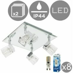 MINISUN 2 X Chrome Ice Cube 4 Way IP44 Bathroom Ceiling Light Spotlights + 8 X 3W Cool White G9 LED Light Bulbs