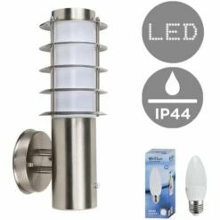 MINISUN Outdoor Stainless Steel Photocell Wall Light Lantern + 4W LED Candle Bulb - Cool White