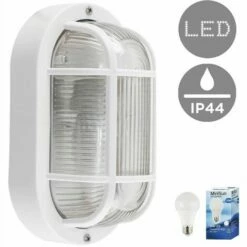 MINISUN Outdoor Garden Security Bulkhead Wall Light IP44 Rated + Cool White Candle LED Bulb - White