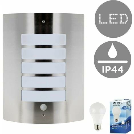 MINISUN Stainless Steel & Frosted Curved IP44 Rated PIR Motion Sensor Outdoor Garden Wall Mounted Security Light - 10W LED GLS Bulb - Cool White MINISUN Stainless Steel & Frosted Curved IP44 Rated PIR Motion Sensor Outdoor Garden Wall Mounted Security Light - 10W LED GLS Bulb - Cool White -MINISUN Shop 8745542 1