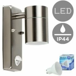 MINISUN Stainless Steel Outdoor Garden Wall Down Light With PIR Motion Sensor IP44 Rated - 5W LED GU10 Bulb - Cool White
