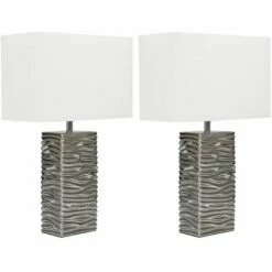 MINISUN 2 X Silver Ripple Ceramic Table Lamp + White Light Shade + 4W LED Candle Bulbs - Warm White