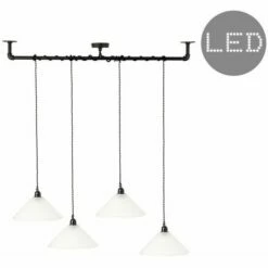 MINISUN Industrial Black 4 Way Bar Wrap Over Ceiling Light + Frosted Glass Shades + 4W Led Filament Bulbs - Warm White