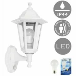 MINISUN Traditional Outdoor Garden Security IP44 Rated Wall Light Lantern - Integrated PIR Motion Sensor + 6W LED ES E27 Bulb - White