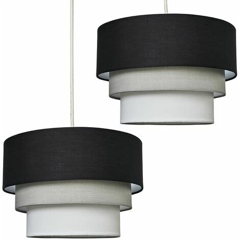MINISUN 2 x Round 3 Tier Black, Grey & White Fabric Ceiling Pendant Lamp Light Shades + 10W LED GLS Bulbs - Warm White MINISUN 2 X Round 3 Tier Black, Grey & White Fabric Ceiling Pendant Lamp Light Shades + 10W LED GLS Bulbs - Warm White -MINISUN Shop 8746516 1