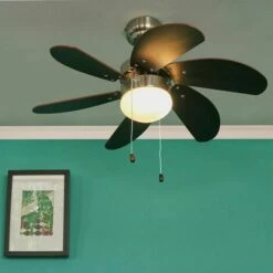 MINISUN Chrome & Wood 30" 6 Blade Ceiling Fan + Flush Light + Remote Control -MINISUN Shop 8747185 3