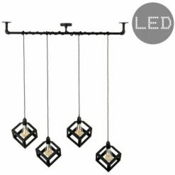 MINISUN Industrial Black 4 Way Bar Wrap Over Ceiling Light + Puzzle Cube Black Shades + 4W LED Filament Bulbs - Warm White