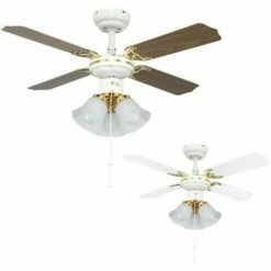 MINISUN White & Brass 36" Ceiling Fan + 3 Lights & Oak / White Reversible Blades