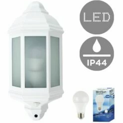 MINISUN Traditional Aluminium & Frosted Glass Panel Outdoor Garden Wall Mounted Lantern IP44 Light With PIR Motion Sensor + 10W LED GLS Bulb - Cool White