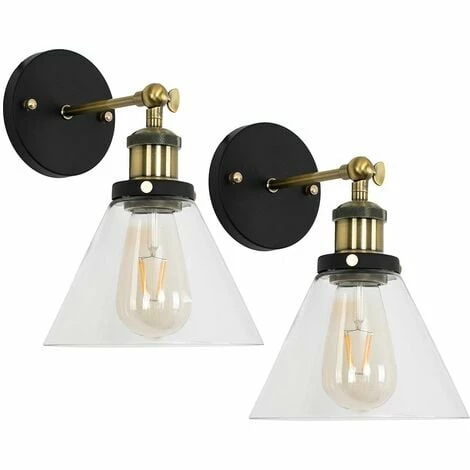 MINISUN 2 x Industrial Black & Gold Wall Lights With Clear Glass Conical Shades - No Bulb MINISUN 2 X Industrial Black & Gold Wall Lights With Clear Glass Conical Shades - No Bulb -MINISUN Shop 8941080 1