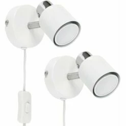 MINISUN 2 X White & Chrome Adjustable Ceiling / Wall Spotlights With Plug, Cable & Switch - No Bulbs