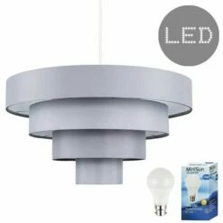 MINISUN 4 Tier Grey Fabric Ceiling Pendant Light Shade - 10W LED GLS Bulb Warm White