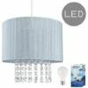 MINISUN Grey Voile Ribbon Wrapped Pendant Shade + Acrylic Droplets - 10W LED GLS Bulb Warm White