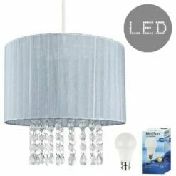 MINISUN Grey Voile Ribbon Wrapped Pendant Shade + Acrylic Droplets - 10W LED GLS Bulb Warm White