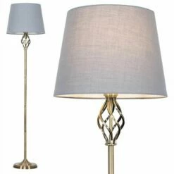 MINISUN Barley Twist Floor Lamp In Antique Brass With Tapered Shade - Grey